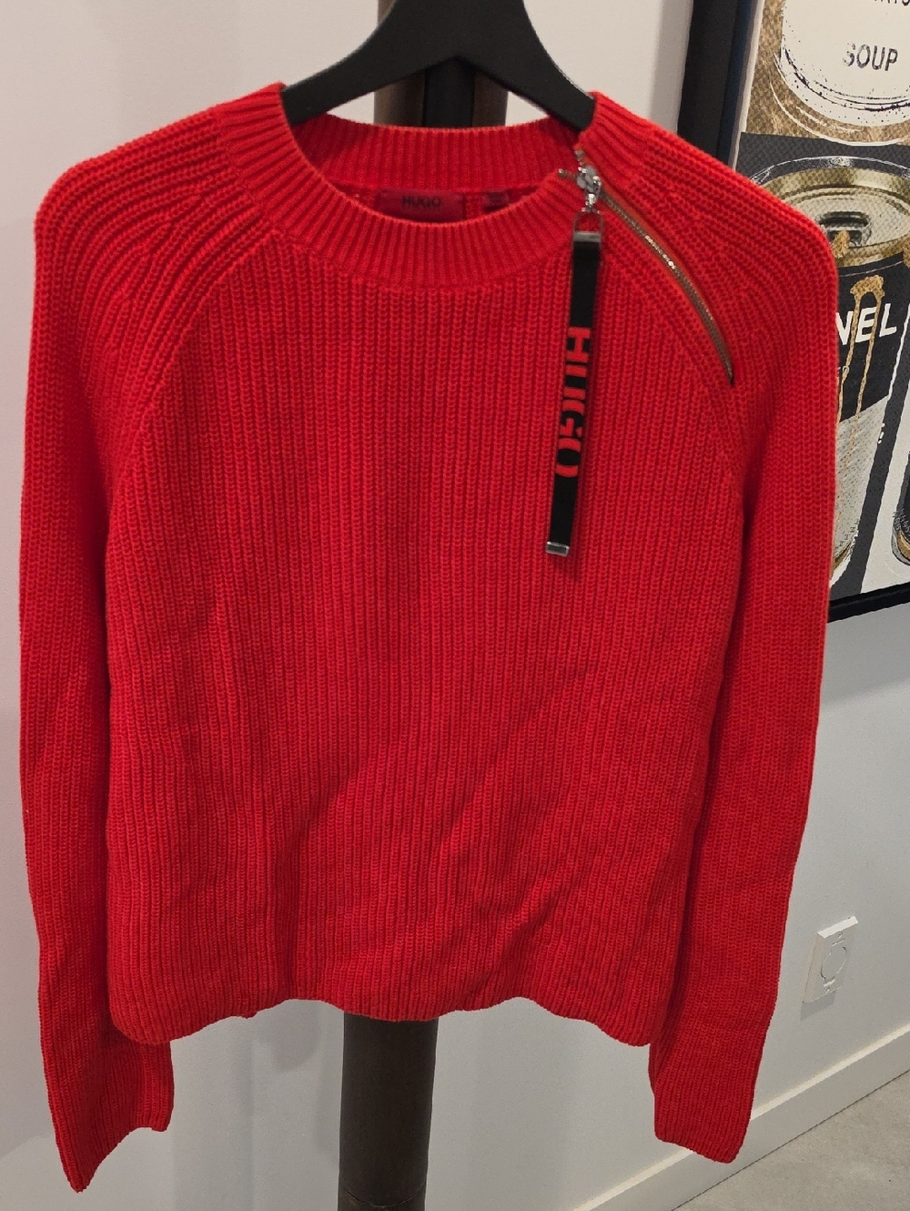 HUGO Boss Bright Red Ribbed Crewneck Sweater with Shoulder Zip